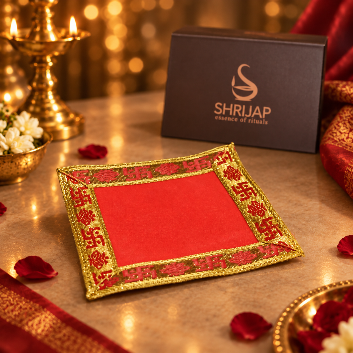Red Velvet Puja Aasan with Golden Border – 5x5 Inch