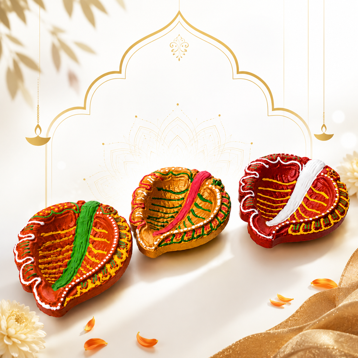 Handpainted Pan Leaf Terracotta Diya – Floral
