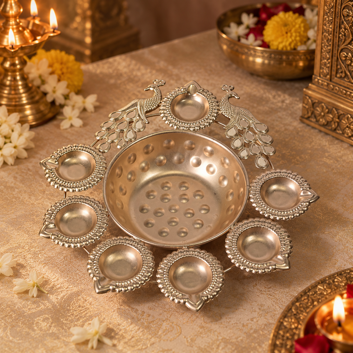 Peacock 4 Diya Flower Urli With Center Bowl