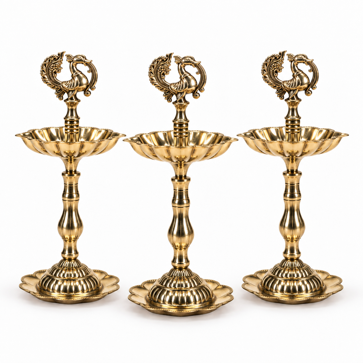 7 Inch Brass Peacock Lotus Diya On Stand