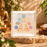 Selenite Square Box – 7 Chakra Symbol with Meditating Figure (Small)
