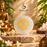 Selenite Round Plate – Golden Om Mandala