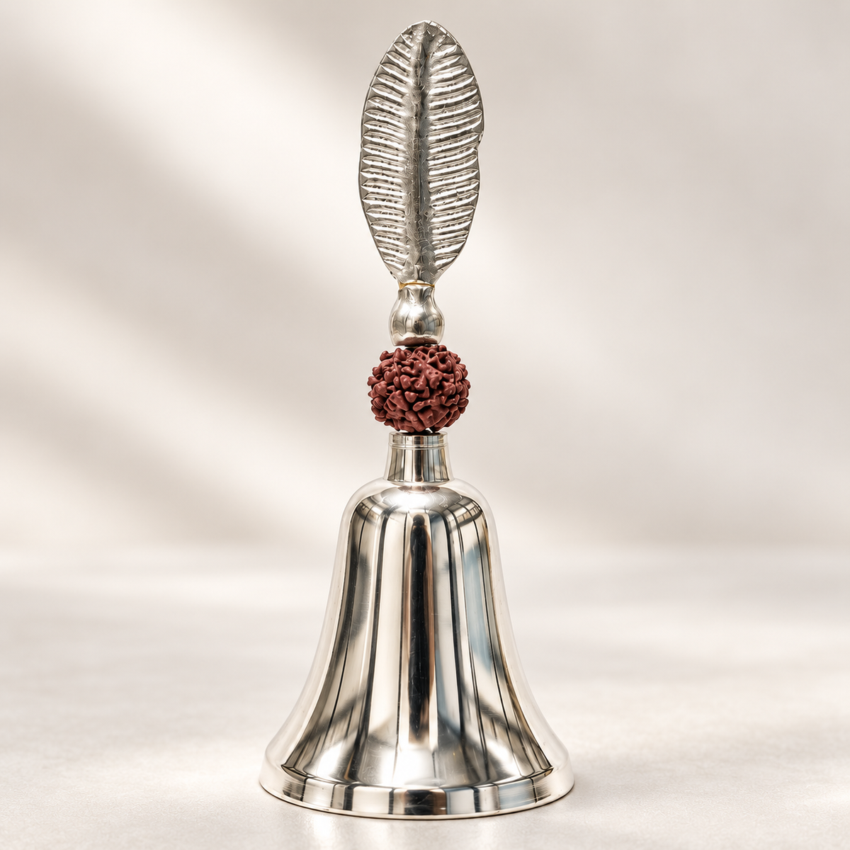 Rudraksha Leaf Handle Puja Bell German Silver With Velvet Box