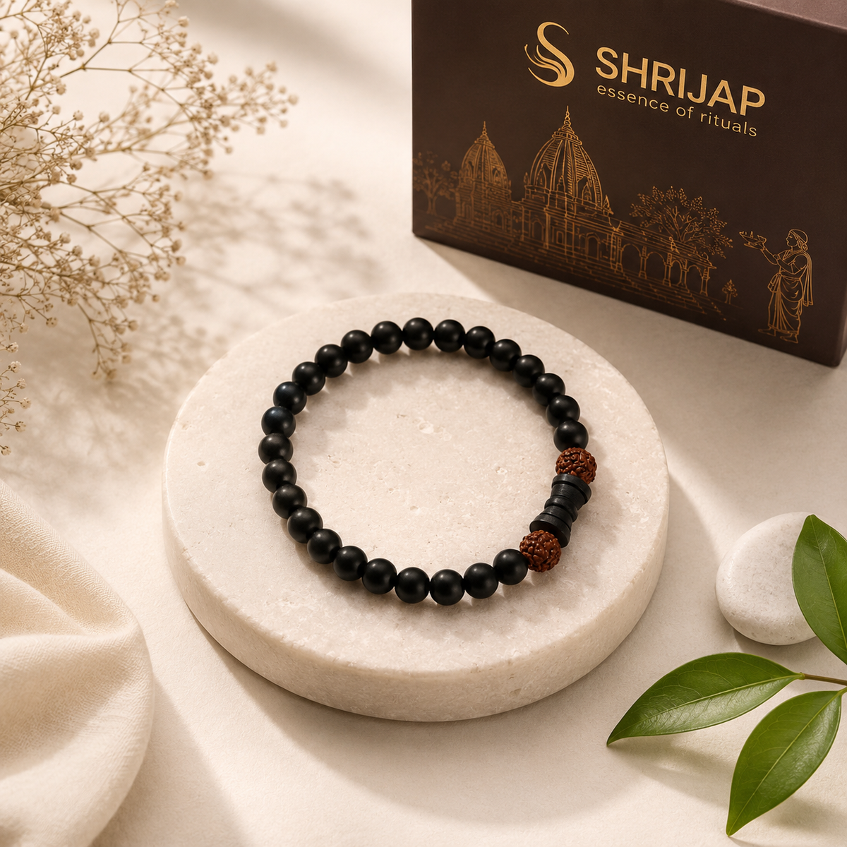 Natural Black Matte Karungali Wood Bracelet with Damru & Rudraksha Bead – 6 MM