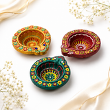 Handpainted Mandala Carved Terracotta Diya – Floral