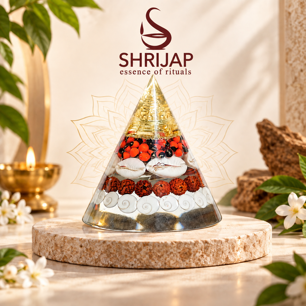 Dhanyog Gold Lakshmi Protection Cone – Gomti Chakra Rudraksha Red Gunja