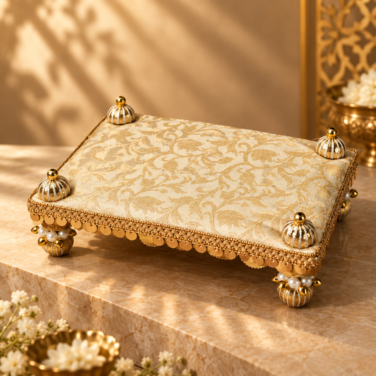 Golden Jari Work Puja Bed – 5x8 Inch