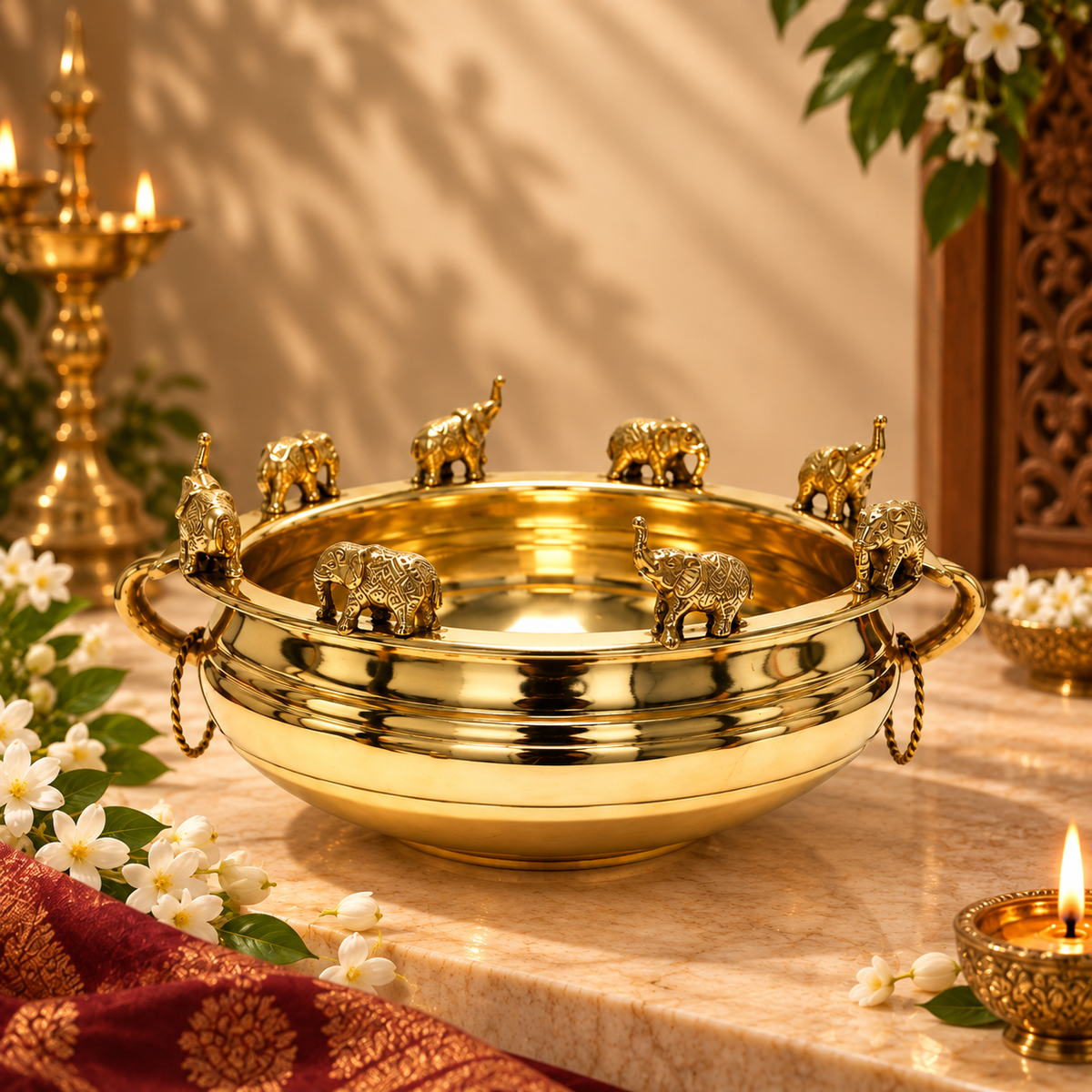Elephant Brass Urli Bowl With Handle - Big