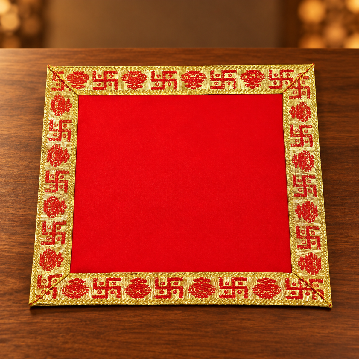Red Velvet Puja Aasan with Golden Border – 10x10 Inch