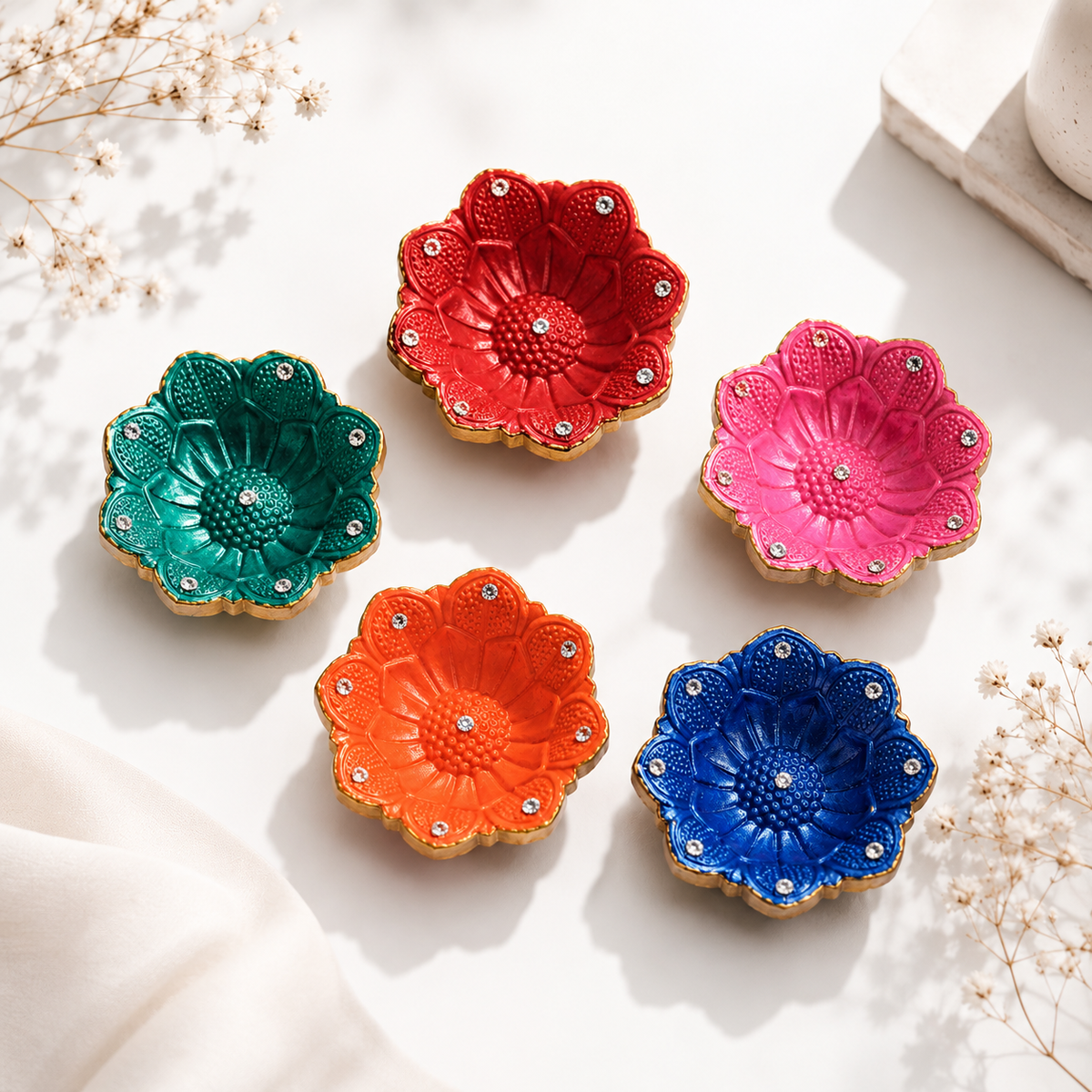 Handpainted Sunflower Carved Terracotta Diya – Royal