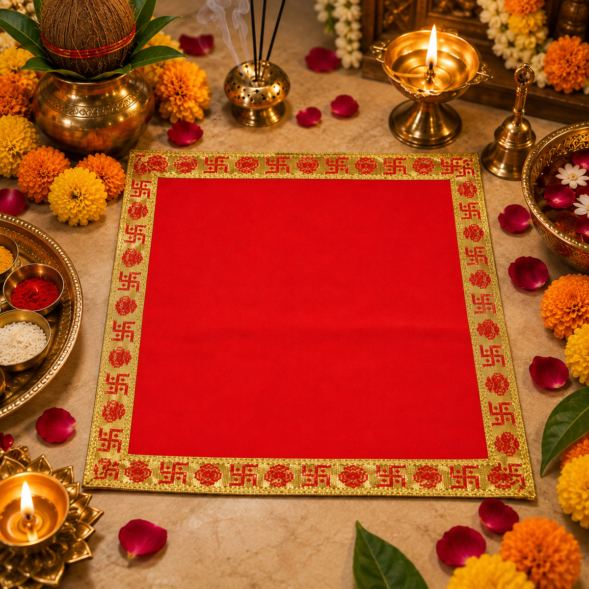 Red Velvet Puja Aasan with Golden Border – 15x15 Inch