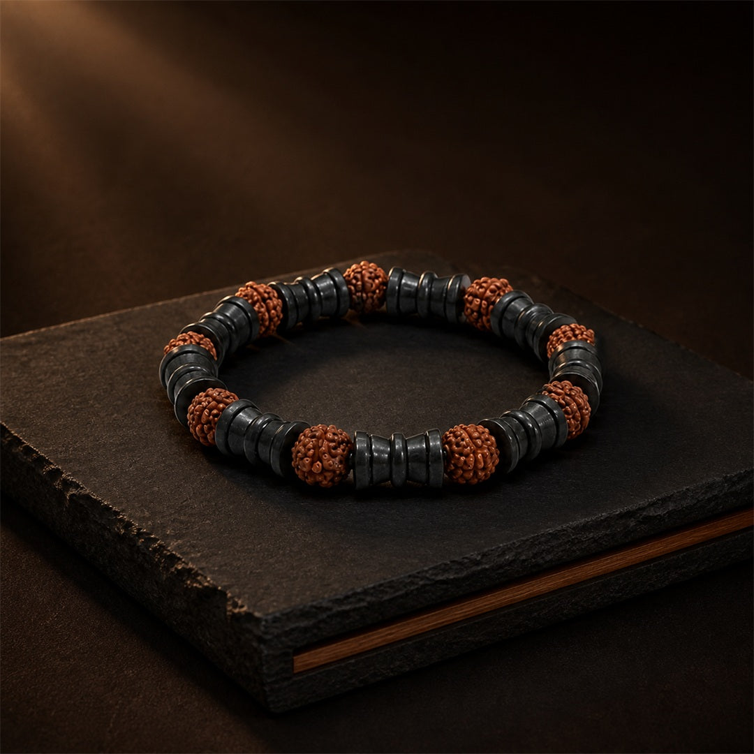 Natural Rudraksha with Black Damru Spacer Beads Bracelet – 8 MM