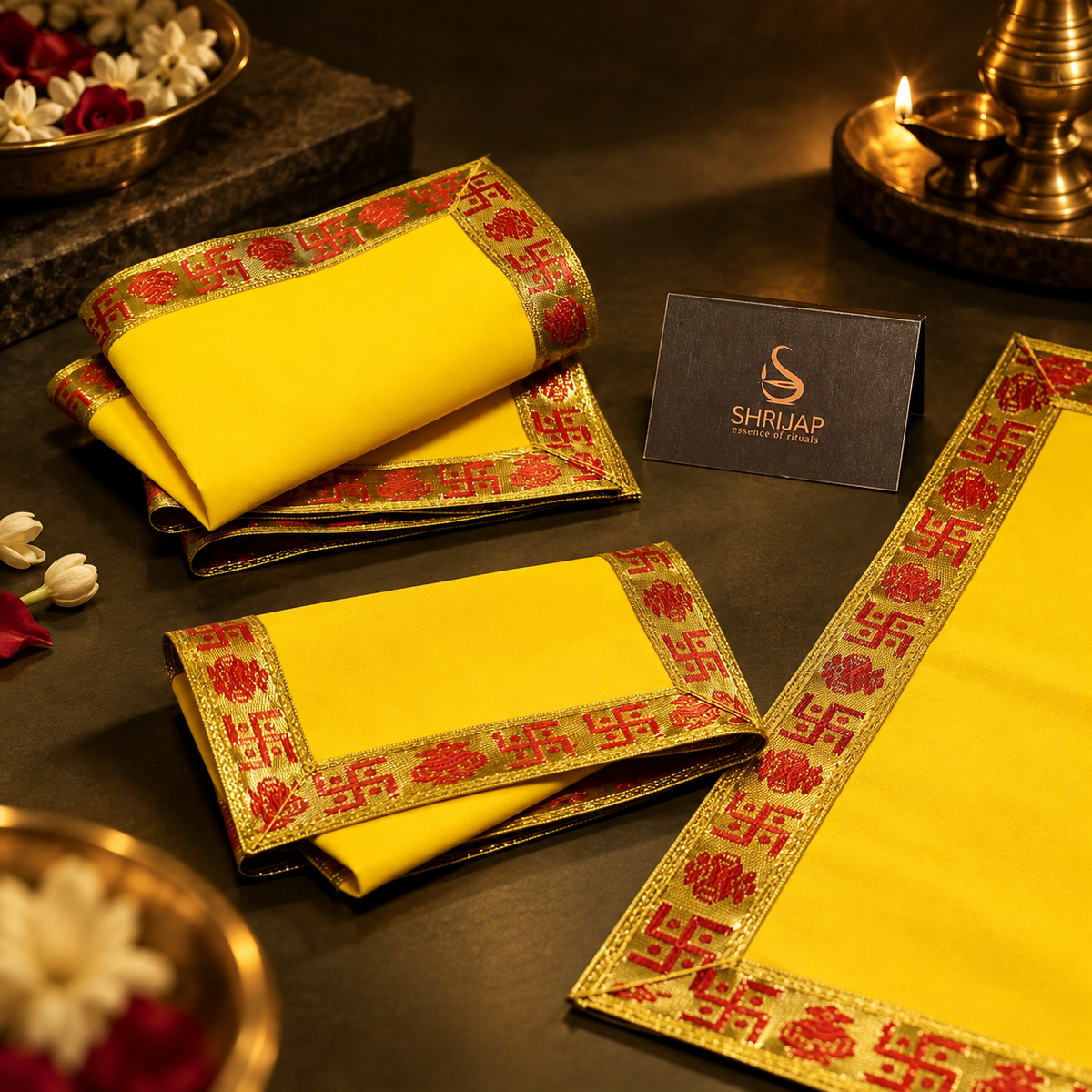 Yellow Velvet Puja Aasan with Golden Border – 10x15 Inch