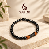 Natural Black Matte Karungali Wood Bracelet with Damru & Rudraksha Bead – 6 MM