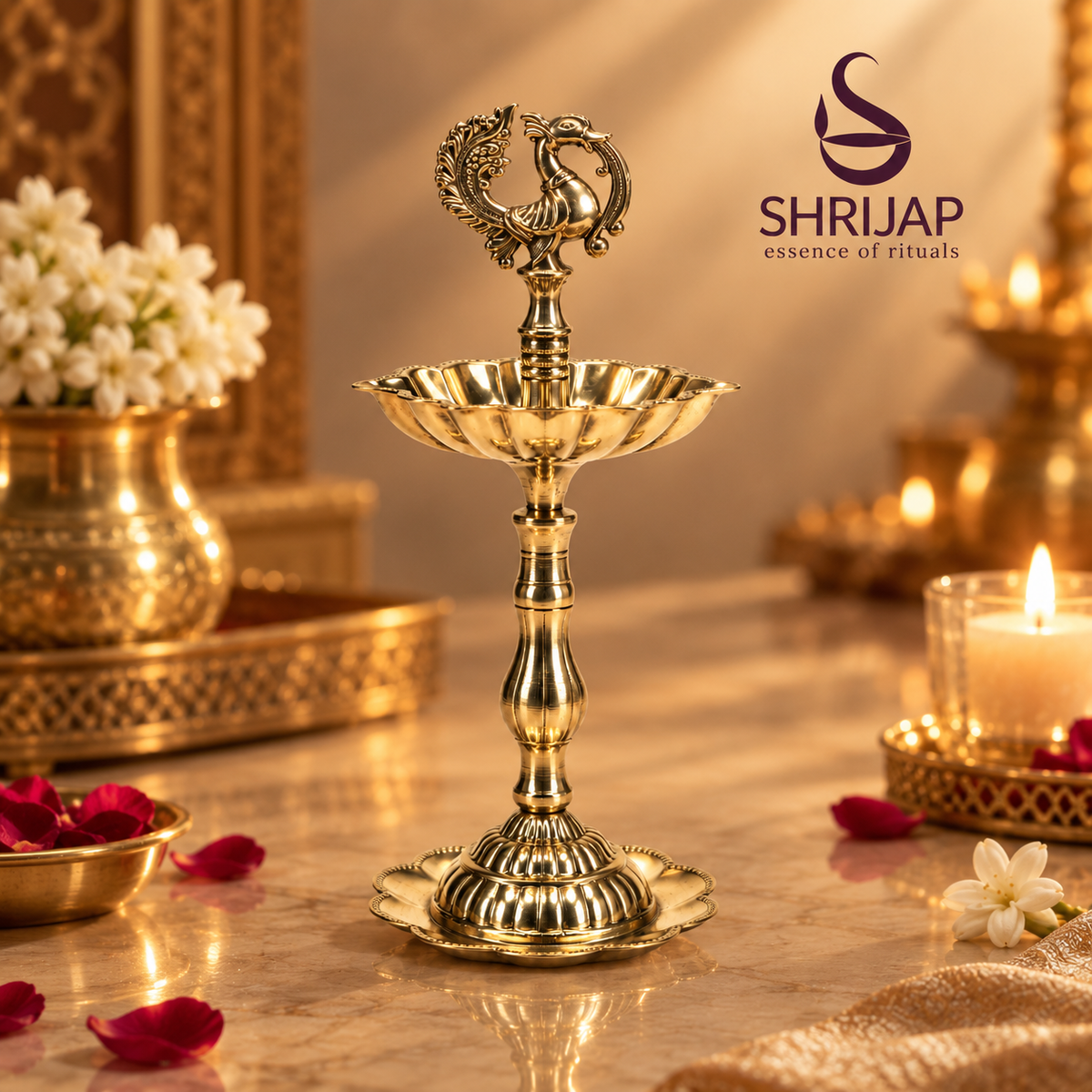 7 Inch Brass Peacock Lotus Diya On Stand