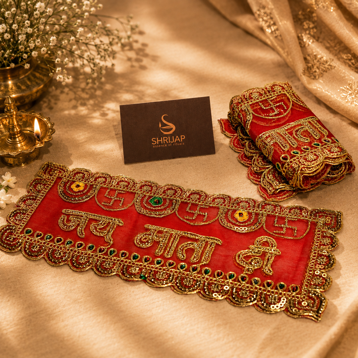 Royal Red Jai Mata Di Jari Embroidered with Swastik Work – 6x15 Inch