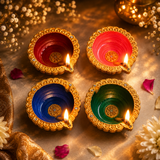 Handpainted Border Carved Terracotta Diya – Royal