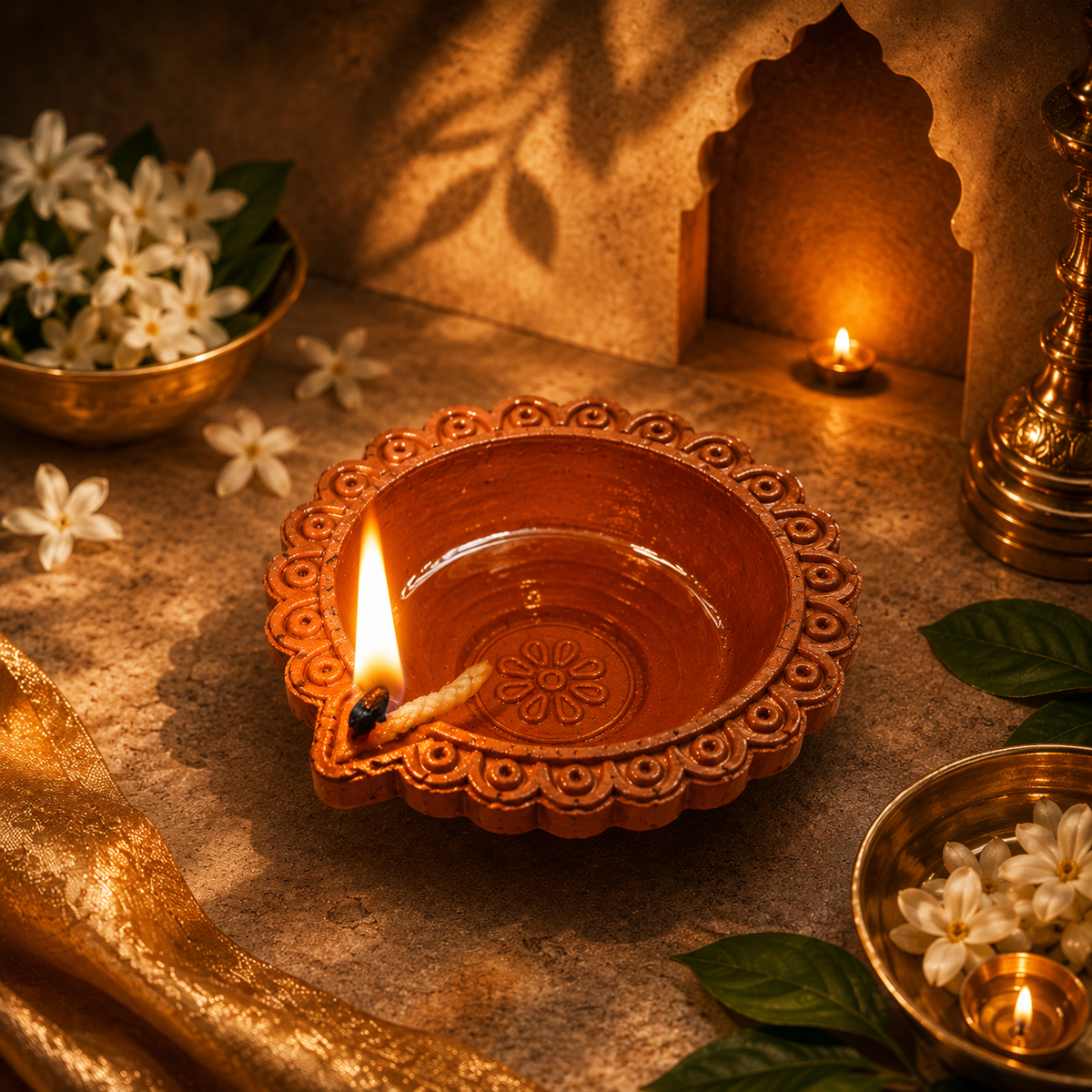 Border Carved Terracotta Diya – Classic