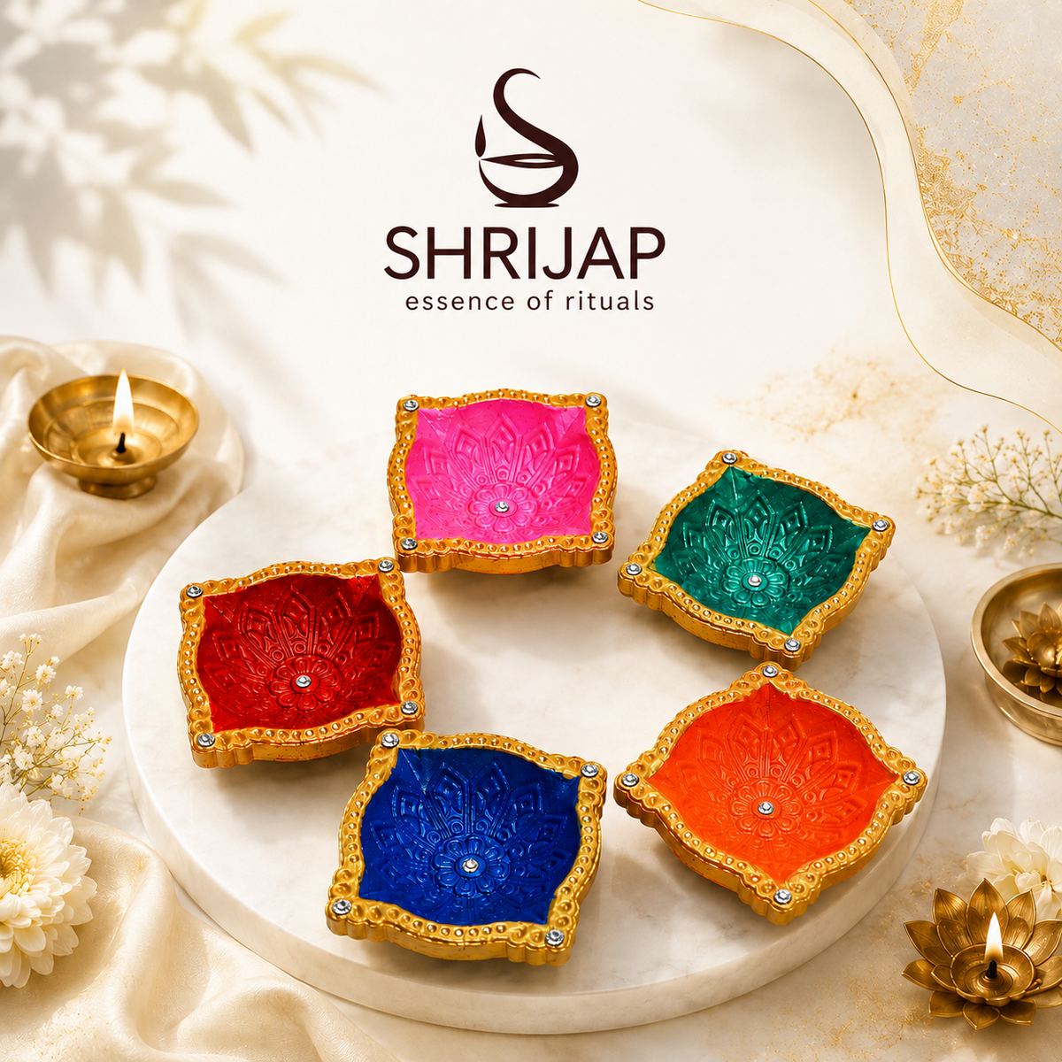 Handpainted Mandala Square Terracotta Diya – Royal