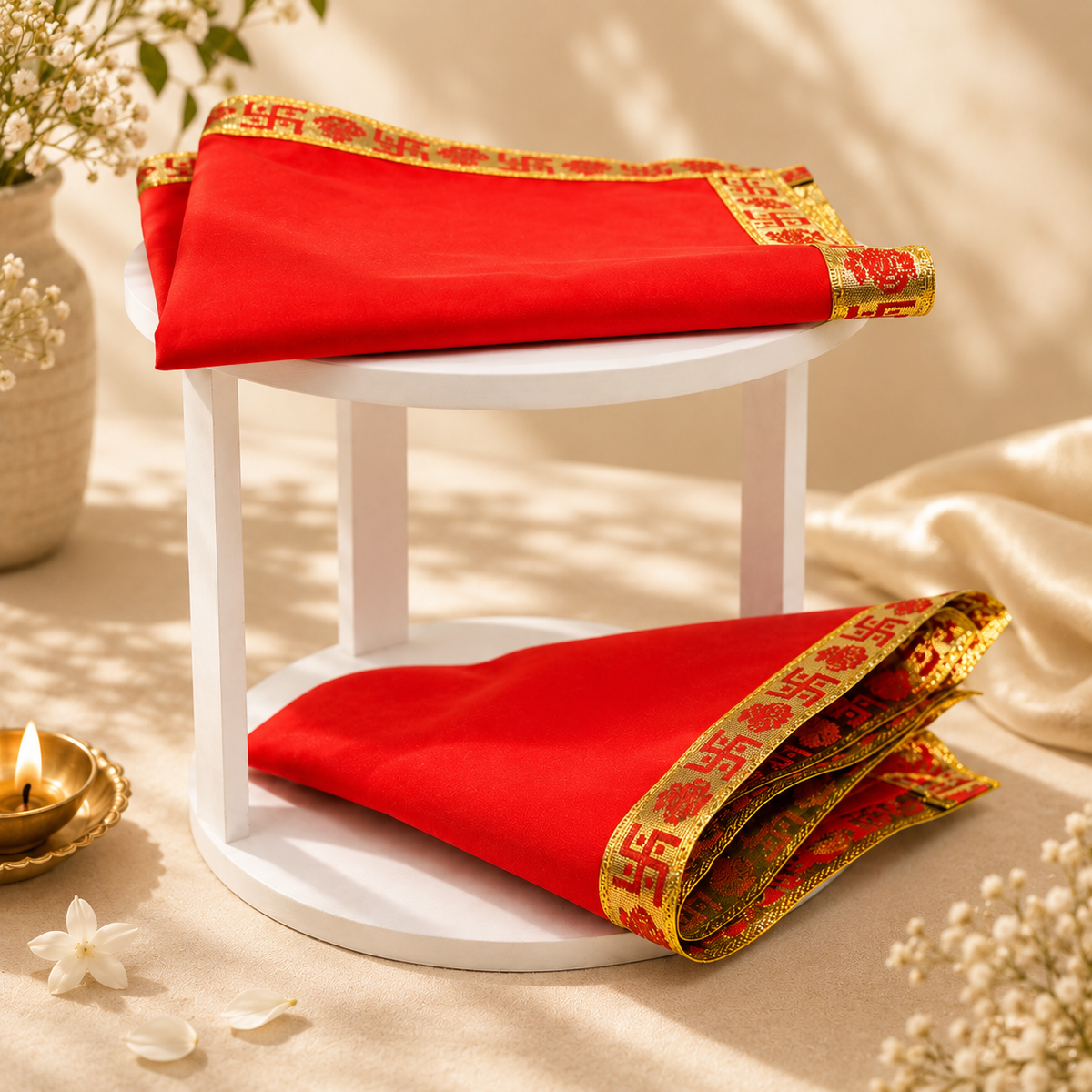 Red Velvet Puja Aasan with Golden Border – 18x18 Inch