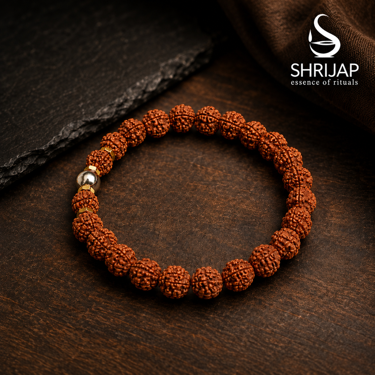 Natural 5 Mukhi Rudraksha Pyrite Guru Bead Bracelet – 8 MM