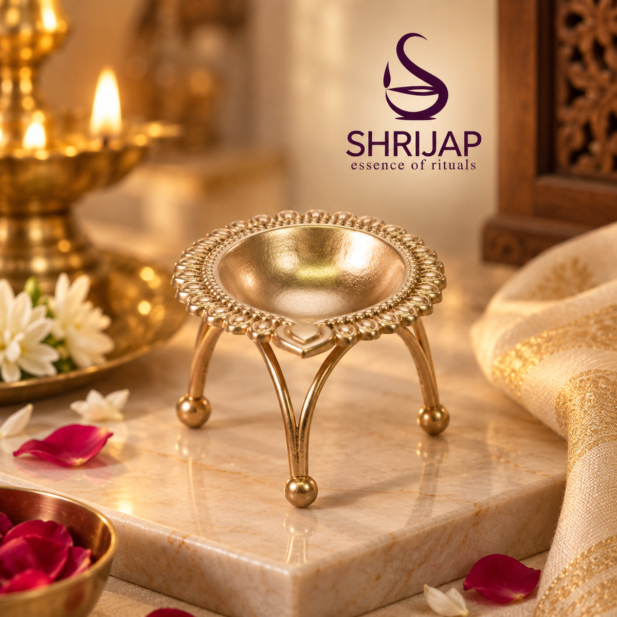 Tripod Brass Floral Diya