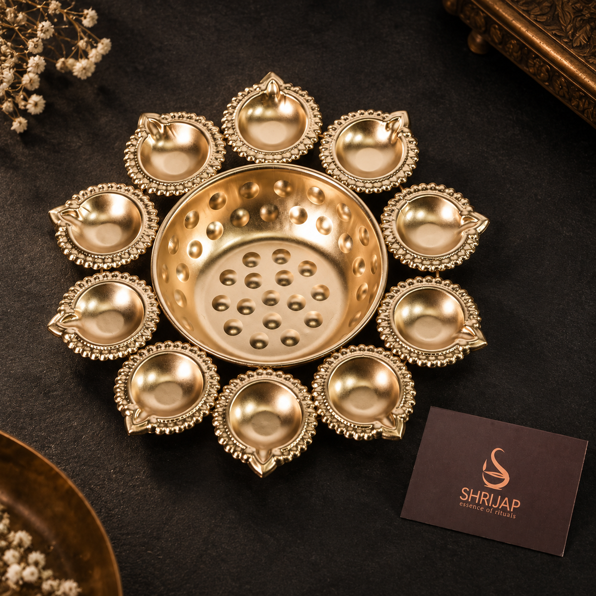 10 Diya Flower Urli With Center Bowl