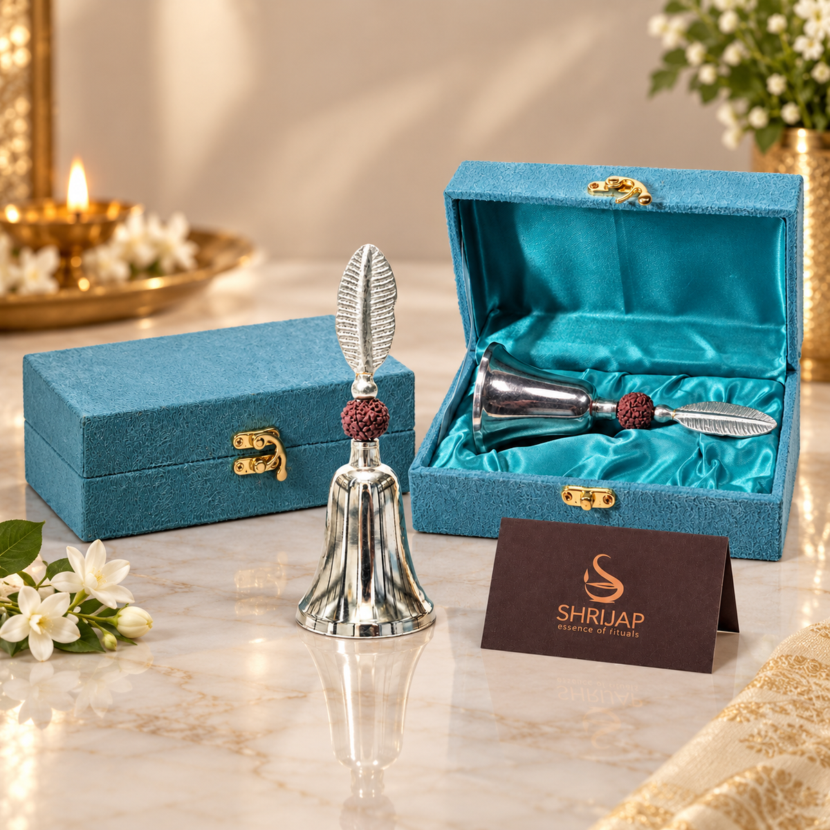 Rudraksha Leaf Handle Puja Bell German Silver With Velvet Box