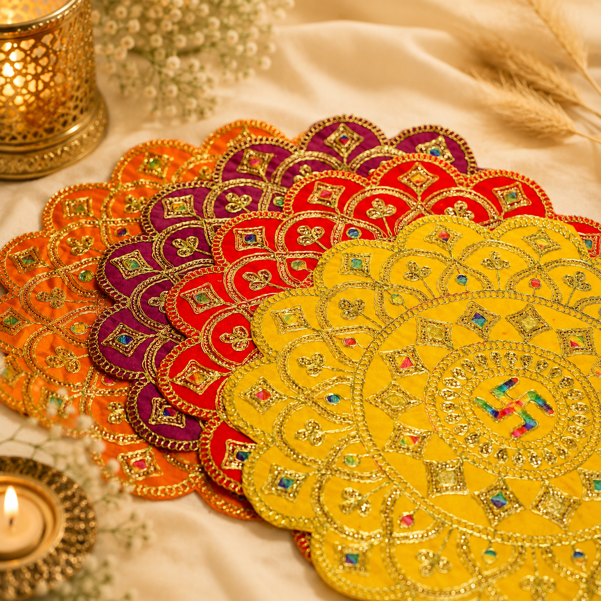 Velvet Swastik Puja Aasan with Jari Work – 16x16 Inch