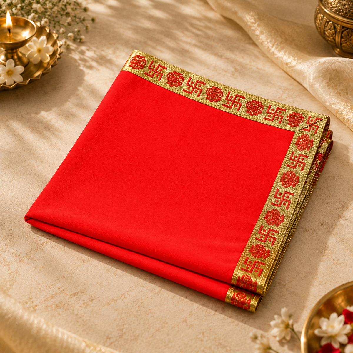 Red Velvet Puja Aasan with Golden Border – 20x20 Inch