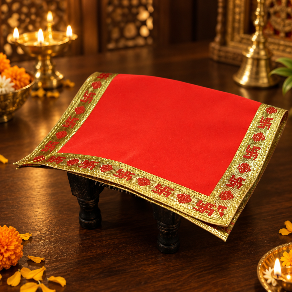 Red Velvet Puja Aasan with Golden Border – 10x15 Inch