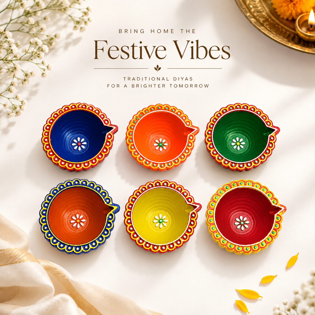 Handpainted Border Carved Terracotta Diya – Floral