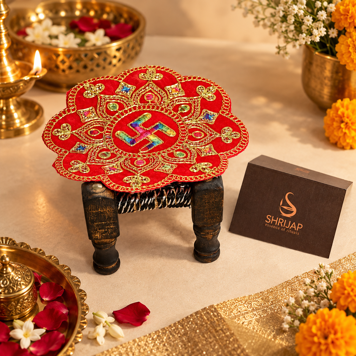 Velvet Swastik Puja Aasan with Jari Work – 7x7 Inch