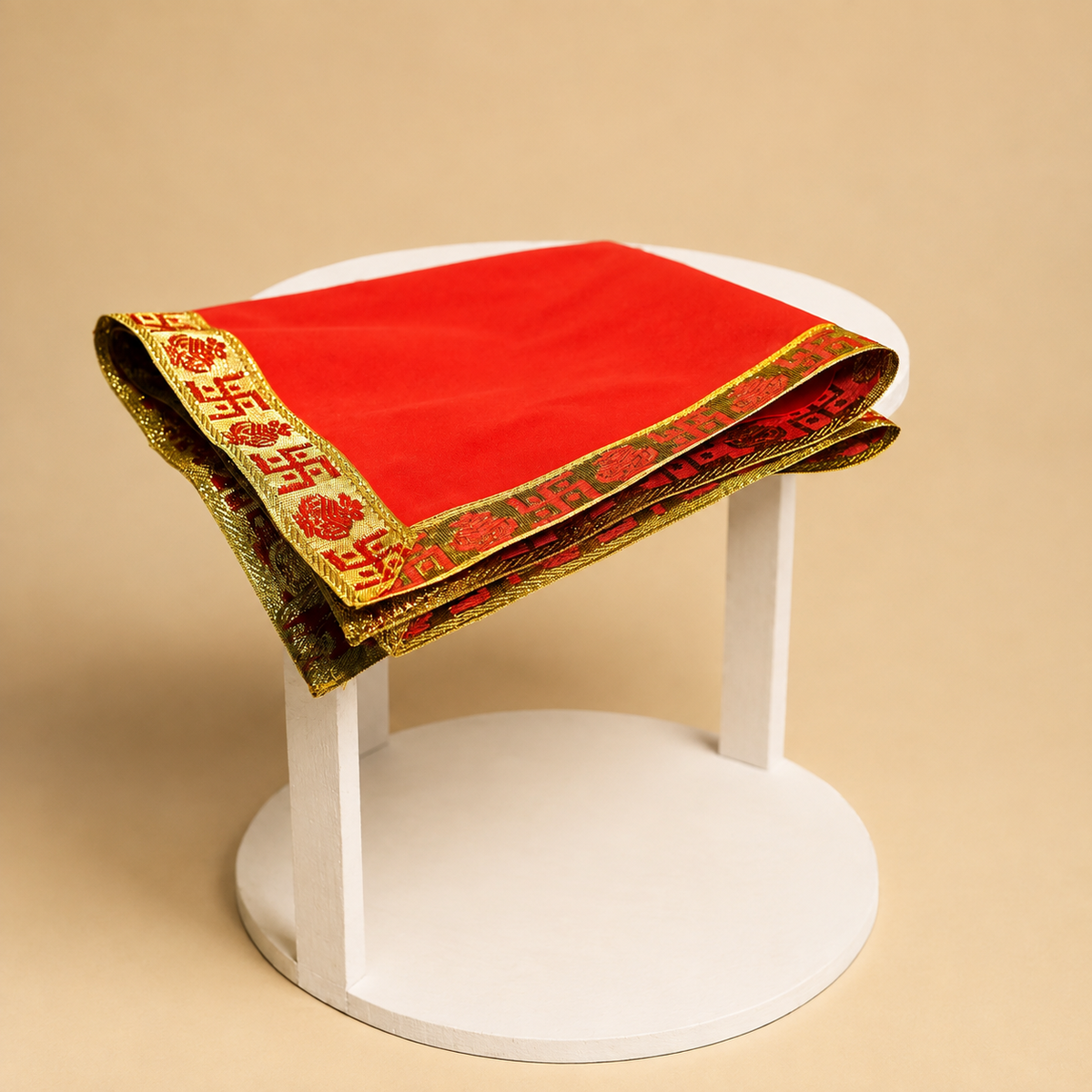 Item Name: Red Velvet Puja Aasan with Golden Border – 16x16 Inch