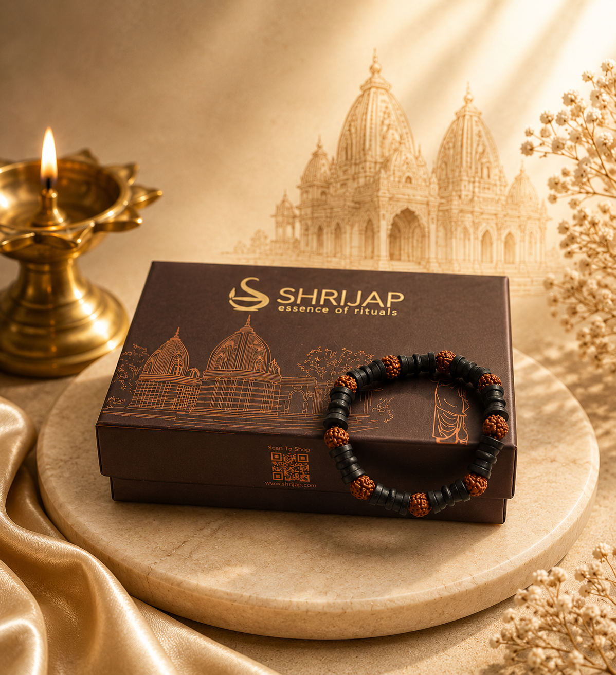 Natural Rudraksha with Black Damru Spacer Beads Bracelet – 8 MM