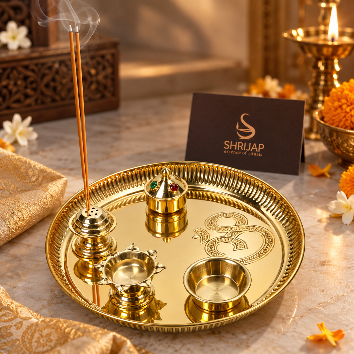 Om Engraved Pooja Thali With 5 Items