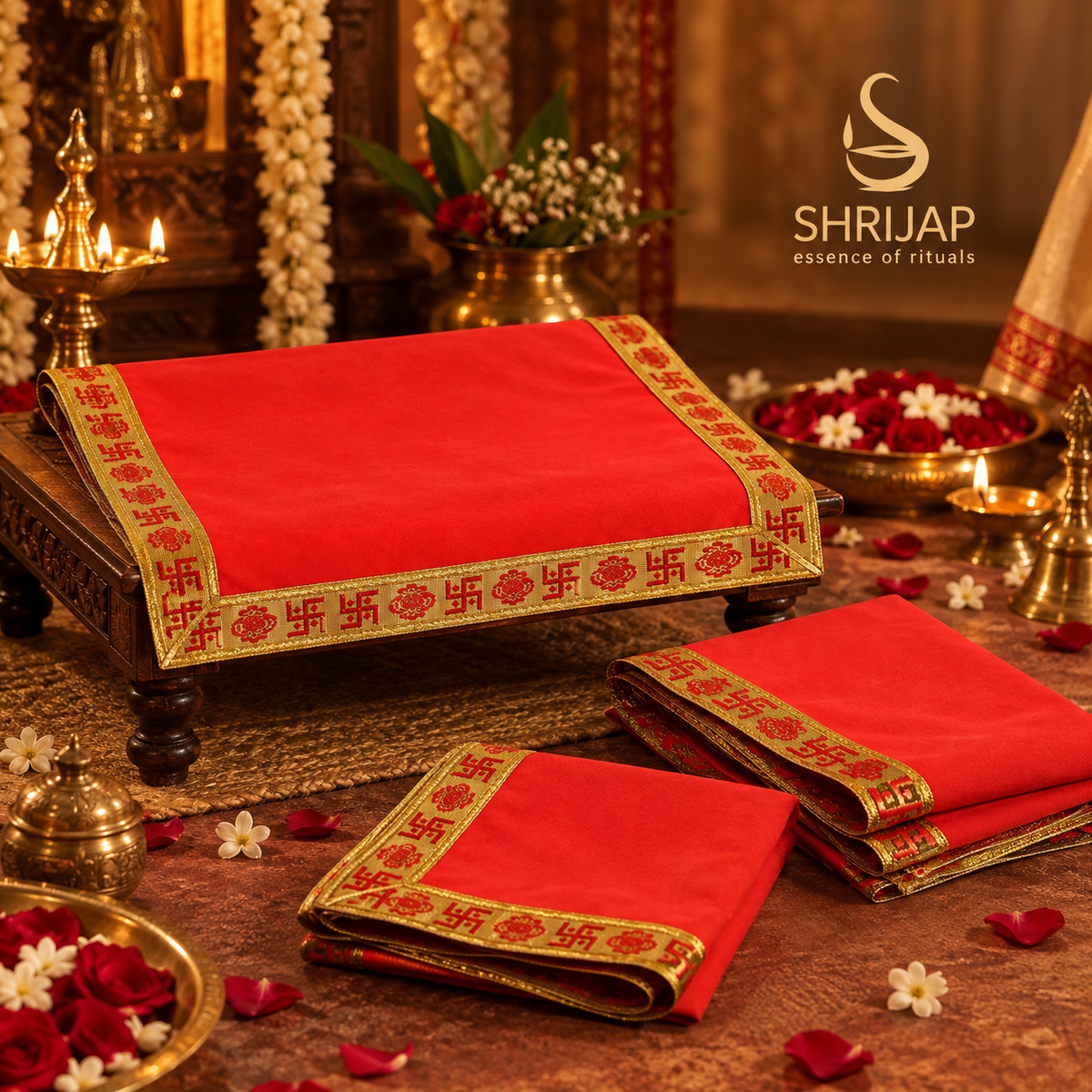 Red Velvet Puja Aasan with Golden Border – 20x30 Inch