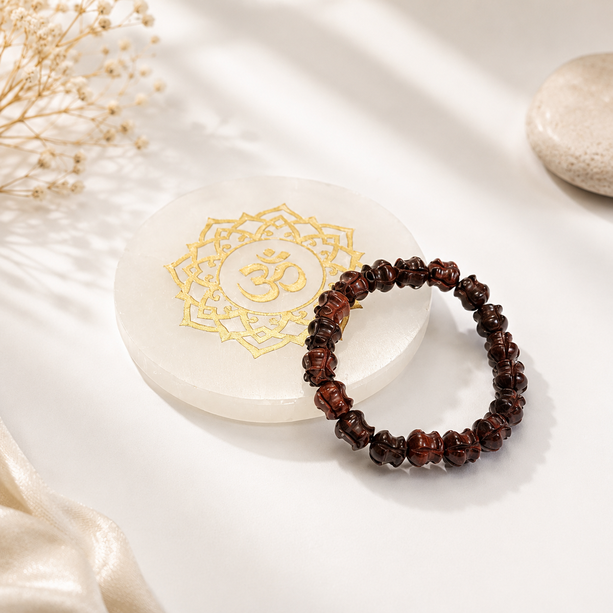 Natural Carved Red Wood Lotus Bead Bracelet – 12 MM