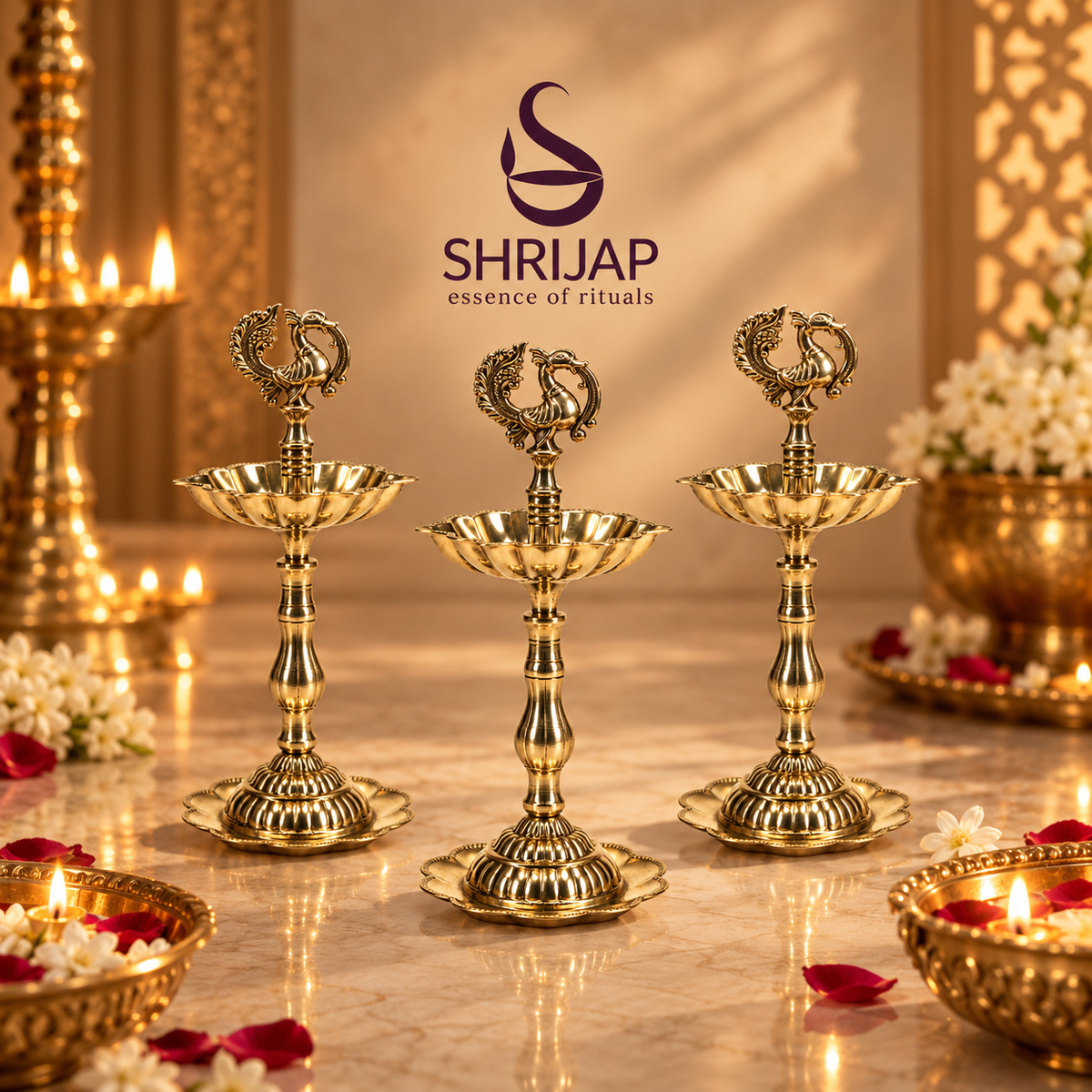 7 Inch Brass Peacock Lotus Diya On Stand
