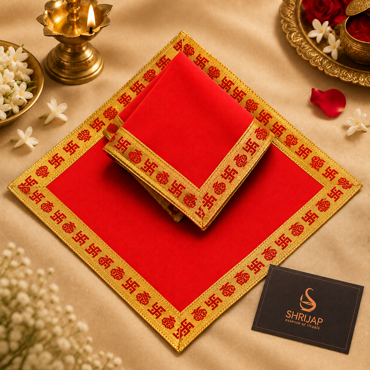 Red Velvet Puja Aasan with Golden Border – 12x12 Inch