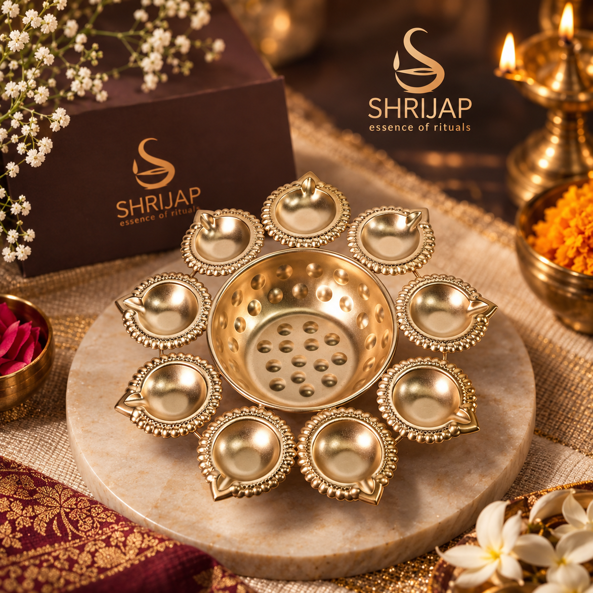 10 Diya Flower Urli With Center Bowl