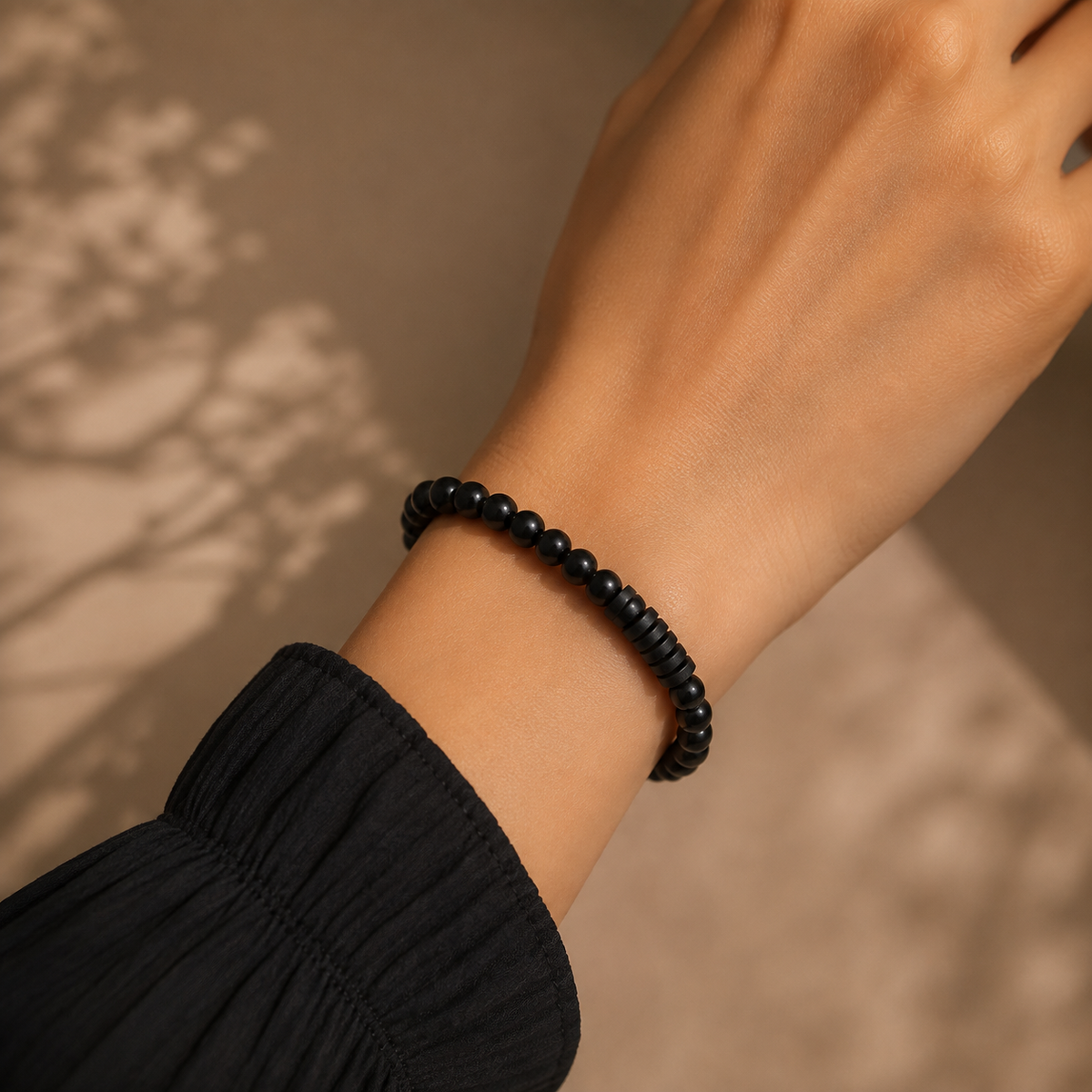 Natural Black Matte Karungali Wood Bracelet with Damru Bead – 6 MM