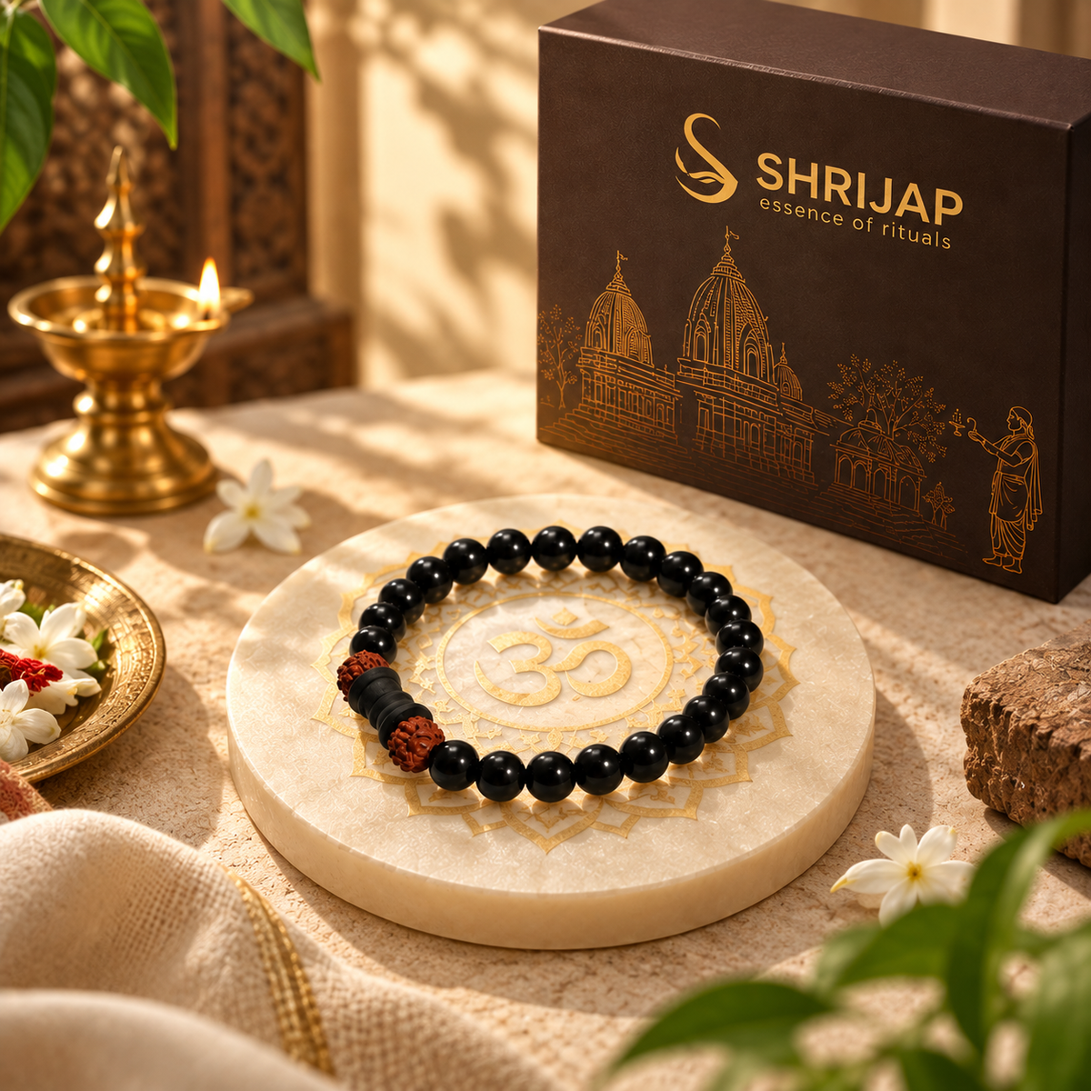 Natural Black Matte Karungali Wood Bracelet with Damru & Rudraksha Bead – 8 MM