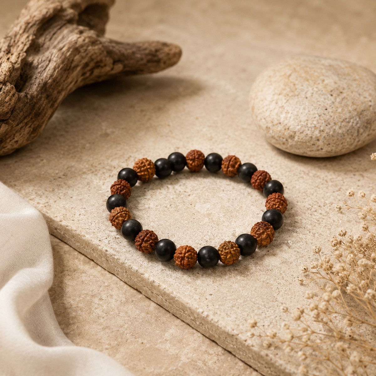 Natural Rudraksha with Karungali Wood Bracelet – 8 MM