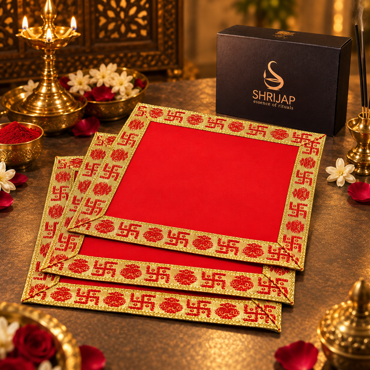 Red Velvet Puja Aasan with Golden Border – 10x10 Inch