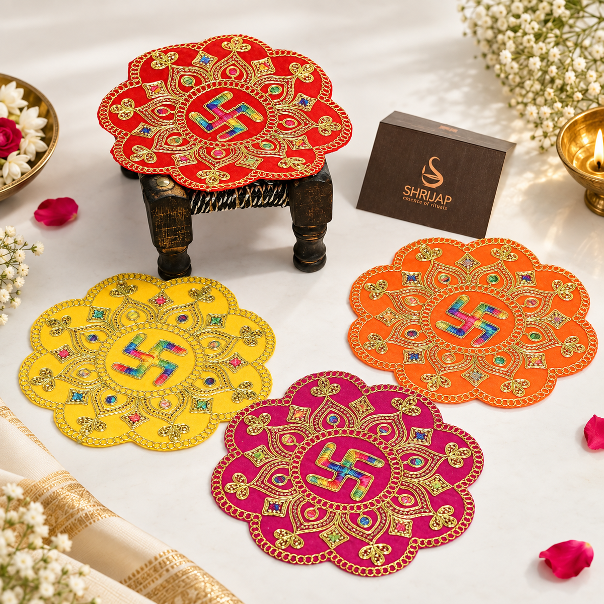 Velvet Swastik Puja Aasan with Jari Work – 7x7 Inch