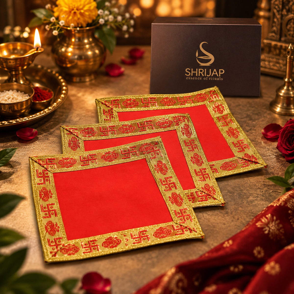Red Velvet Puja Aasan with Golden Border – 5x5 Inch