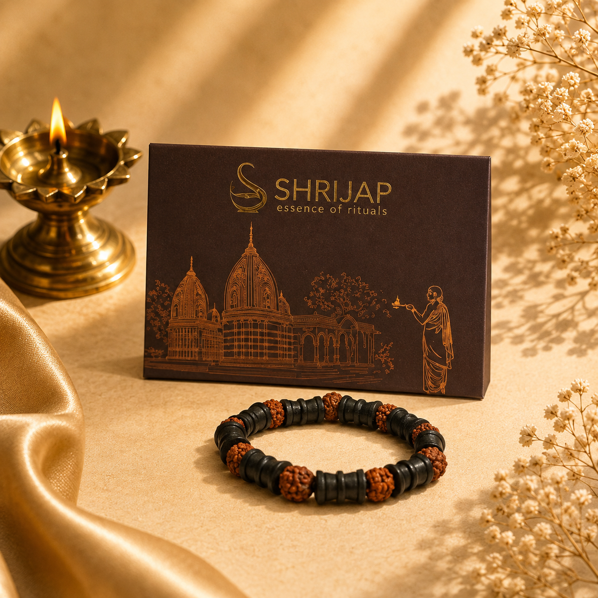 Natural Rudraksha with Black Damru Spacer Beads Bracelet – 8 MM