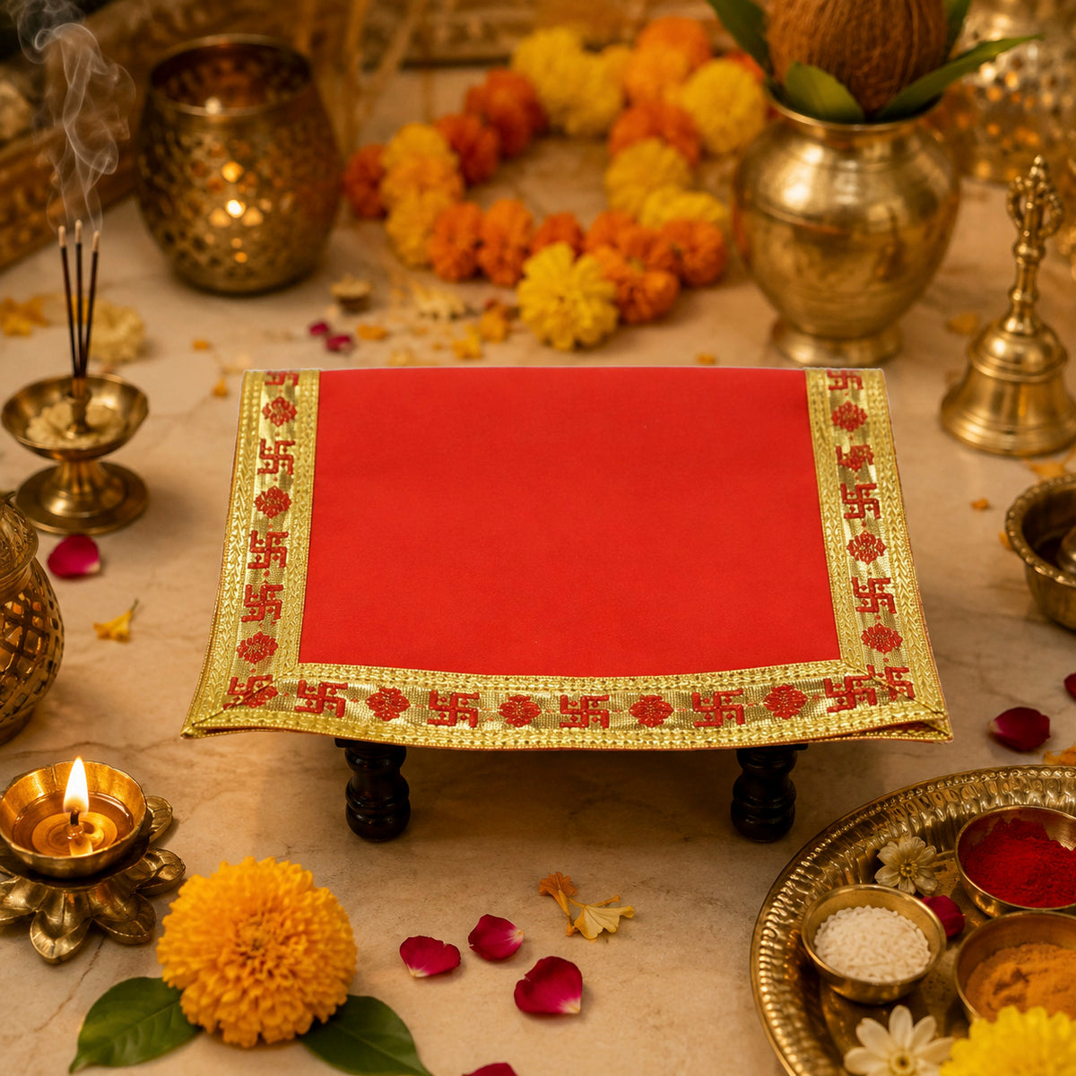 Red Velvet Puja Aasan with Golden Border – 10x15 Inch