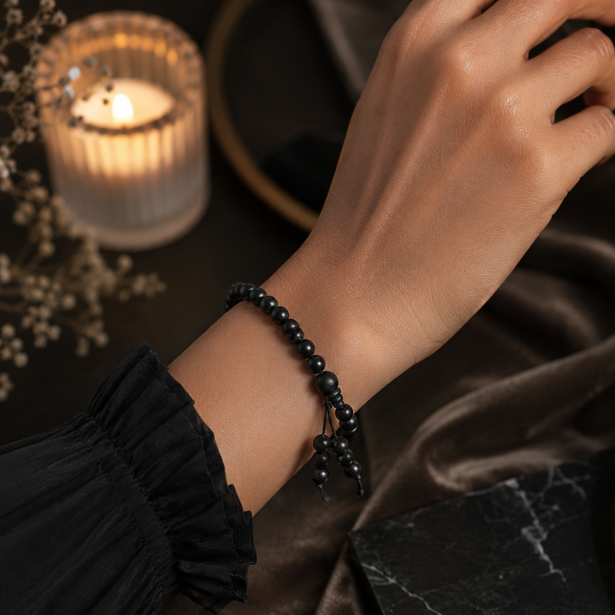 Natural Black Matte Karungali Wood Bracelet with Latkan – 6 MM